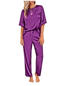 Womens Satin Silky Pajama Set Short Sleeve Shirt with Long Pajama Pant Set Soft PJ Loungewear