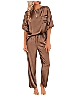 Womens Satin Silky Pajama Set Short Sleeve Shirt with Long Pajama Pant Set Soft PJ Loungewear