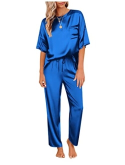 Womens Satin Silky Pajama Set Short Sleeve Shirt with Long Pajama Pant Set Soft PJ Loungewear