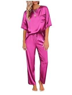 Womens Satin Silky Pajama Set Short Sleeve Shirt with Long Pajama Pant Set Soft PJ Loungewear