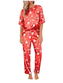 Womens Satin Silky Pajama Set Short Sleeve Shirt with Long Pajama Pant Set Soft PJ Loungewear