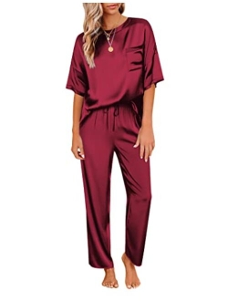 Womens Satin Silky Pajama Set Short Sleeve Shirt with Long Pajama Pant Set Soft PJ Loungewear
