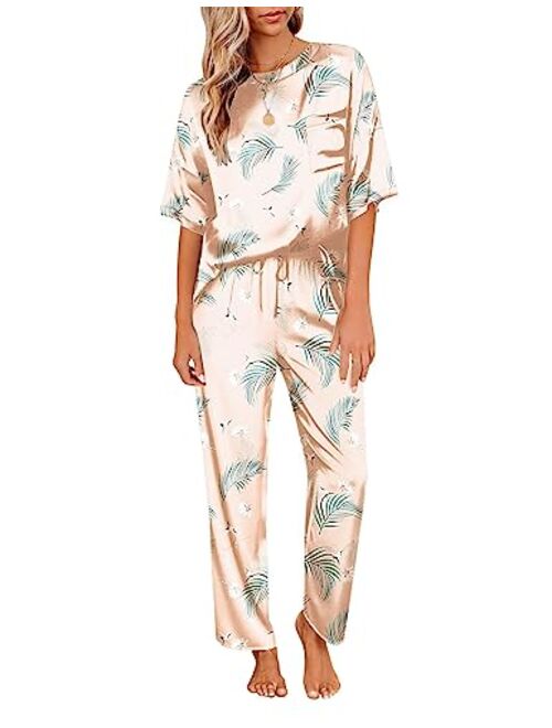 Ekouaer Womens Satin Silky Pajama Set Short Sleeve Shirt with Long Pajama Pant Set Soft PJ Loungewear