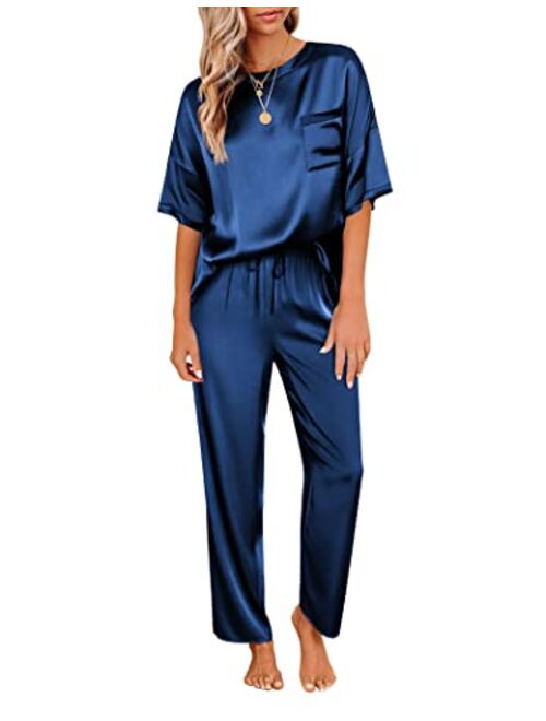 Ekouaer Womens Satin Silky Pajama Set Short Sleeve Shirt with Long Pajama Pant Set Soft PJ Loungewear