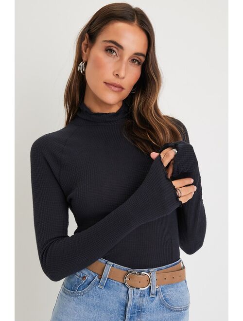 Free People Make It Easy Washed Purple Turtleneck Lettuce Edge Thermal Top