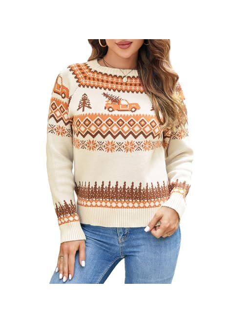 ZAFUL Women's Christmas Cedar Snowflake Trucks Patterns Knitted Sweater Long Sleeve Floral Printed Pullover Tops