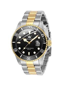 Mens Watches with Date, Stainless Steel Band, 41mm Unidirectional Rotating Bezel Large Face Case, Quartz Analog Waterproof Luminous Wrist Watch, Two Tone Dress Relo