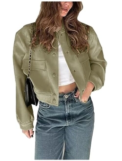 Megfie Womens Cropped Bomber Jacket Button Down Varsity Jackets Shackets With Pockets