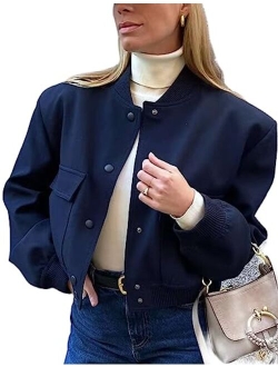 Megfie Womens Cropped Bomber Jacket Button Down Varsity Jackets Shackets With Pockets