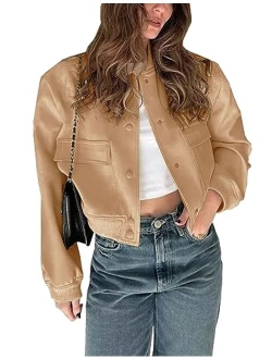 Megfie Womens Cropped Bomber Jacket Button Down Varsity Jackets Shackets With Pockets