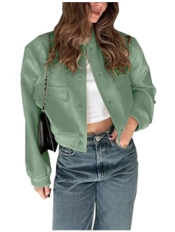 Megfie Womens Cropped Bomber Jacket Button Down Varsity Jackets Shackets With Pockets