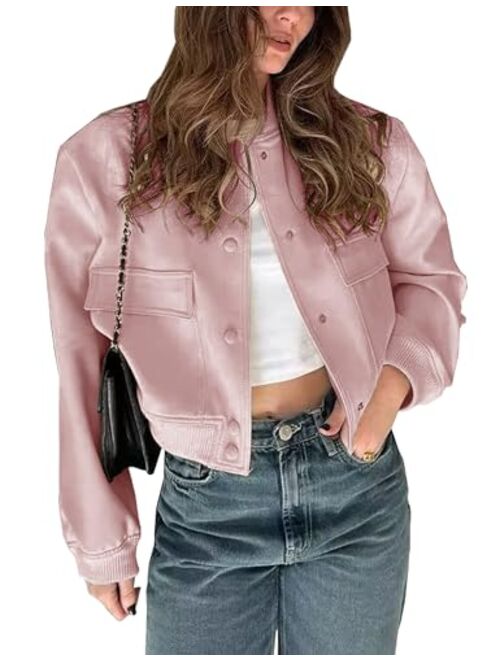 Megfie Womens Cropped Bomber Jacket Button Down Varsity Jackets Shackets With Pockets