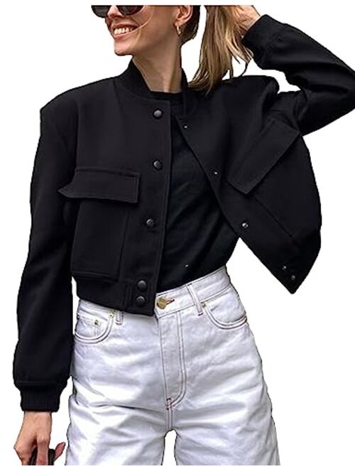 Megfie Womens Cropped Bomber Jacket Button Down Varsity Jackets Shackets With Pockets