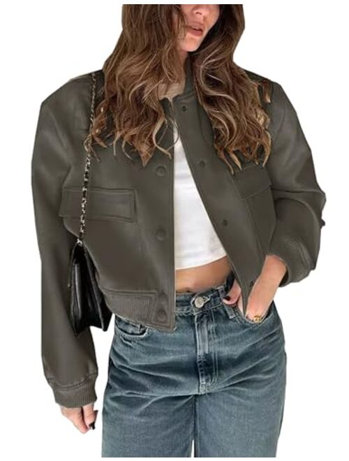 Megfie Womens Cropped Bomber Jacket Button Down Varsity Jackets Shackets With Pockets