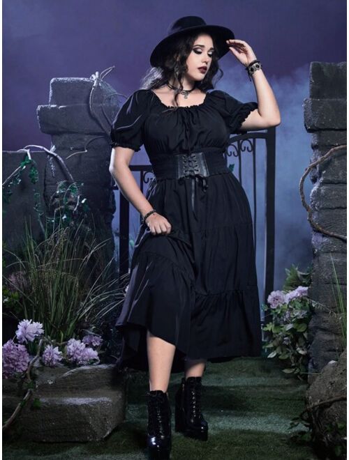 ROMWE Goth Plus Puff Sleeve Ruffle Hem Dress Without Corset