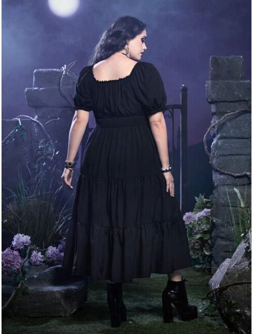 ROMWE Goth Plus Puff Sleeve Ruffle Hem Dress Without Corset