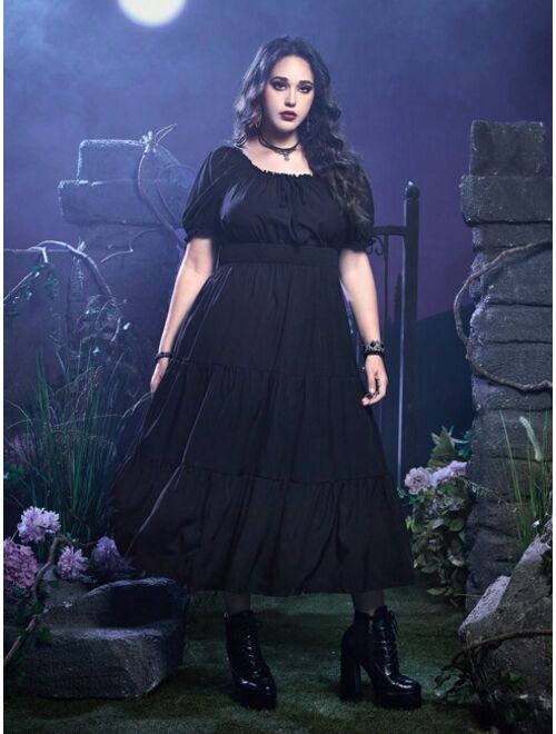 ROMWE Goth Plus Puff Sleeve Ruffle Hem Dress Without Corset