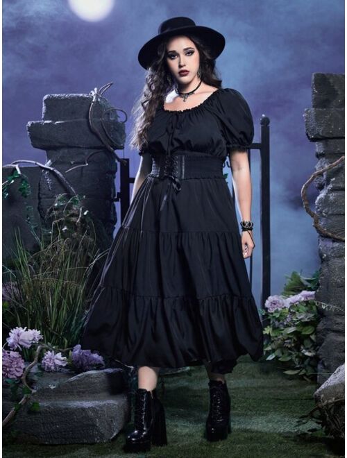 ROMWE Goth Plus Puff Sleeve Ruffle Hem Dress Without Corset