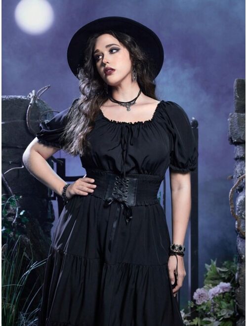 ROMWE Goth Plus Puff Sleeve Ruffle Hem Dress Without Corset