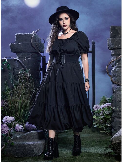 ROMWE Goth Plus Puff Sleeve Ruffle Hem Dress Without Corset