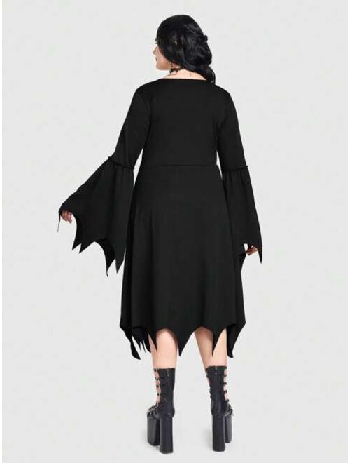 ROMWE Goth Plus Lace Up Front Bell Sleeve Asymmetrical Hem Dress