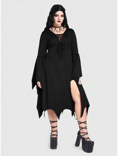 ROMWE Goth Plus Lace Up Front Bell Sleeve Asymmetrical Hem Dress