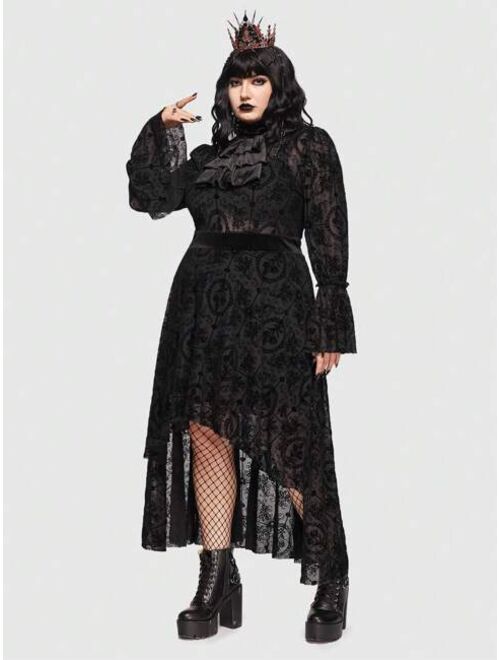 ROMWE Goth Plus Floral Print High Low Hem Mesh Dress