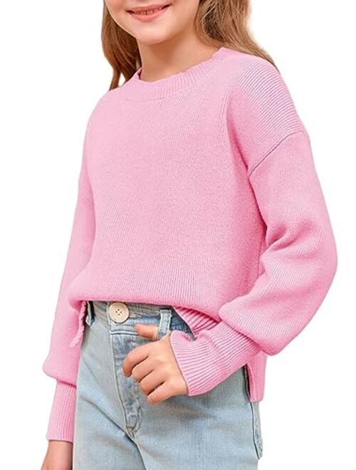 rrhss Girls Fashion Sweaters Kids Drop Shoulder Long Sleeve Crewneck Pullover with Side Slit