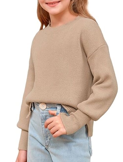 rrhss Girls Fashion Sweaters Kids Drop Shoulder Long Sleeve Crewneck Pullover with Side Slit