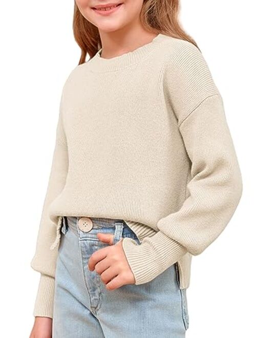 rrhss Girls Fashion Sweaters Kids Drop Shoulder Long Sleeve Crewneck Pullover with Side Slit