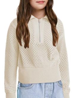 Haloumoning Girls Half Zip Pullover Sweater Kids Hollow Out Lapel Long Sleeve Fashion Ribbed Knit Tops 3-14 Years