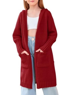 Haloumoning Girls Hooded Long Cardigan Kids Fashion Open Front Knit Sweater Outerwear Coat 5-14 Years