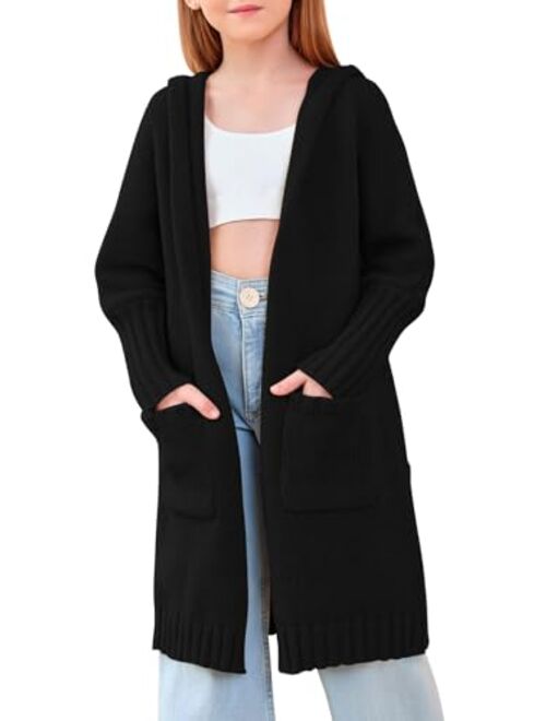 Haloumoning Girls Hooded Long Cardigan Kids Fashion Open Front Knit Sweater Outerwear Coat 5-14 Years