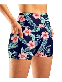 Pudolla Womens Swim Shorts High Waisted Bathing Bottom Shorts Tummy Control Board Swimsuit with Pockets