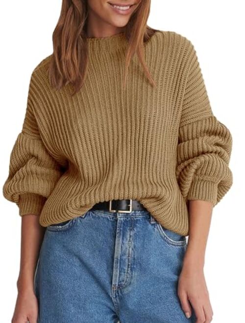 Langwyqu Women's Oversized Crewneck Pullover Sweater Casual Trendy Long Lantern Sleeve Ribbed Knit Jumper Tops