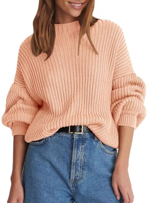 Langwyqu Women's Oversized Crewneck Pullover Sweater Casual Trendy Long Lantern Sleeve Ribbed Knit Jumper Tops