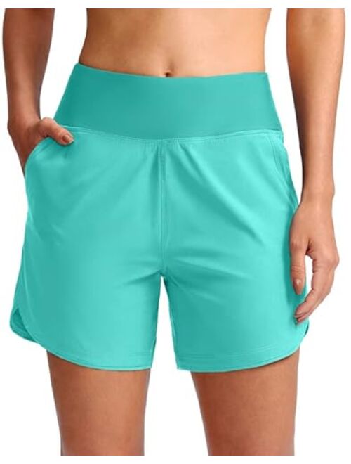 Pudolla Women's 5" Swim Board Shorts High Waisted Quick Dry Swimming Beach Shorts Tummy Control Bottoms for Women with Liner