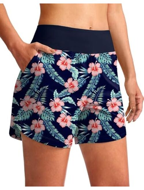 Pudolla Women's 5" Swim Board Shorts High Waisted Quick Dry Swimming Beach Shorts Tummy Control Bottoms for Women with Liner