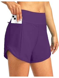 Pudolla Women's Swim Shorts with Zipper Pockets High Waisted Quick Dry Board Swimsuit Bathing Shorts for Women with Liner