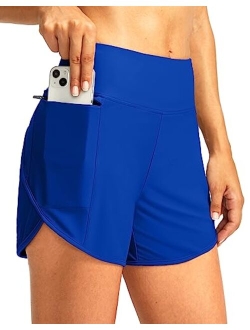 Pudolla Women's Swim Shorts with Zipper Pockets High Waisted Quick Dry Board Swimsuit Bathing Shorts for Women with Liner