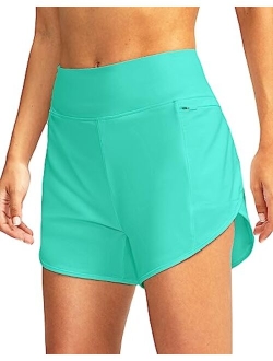 Pudolla Women's Swim Shorts with Zipper Pockets High Waisted Quick Dry Board Swimsuit Bathing Shorts for Women with Liner