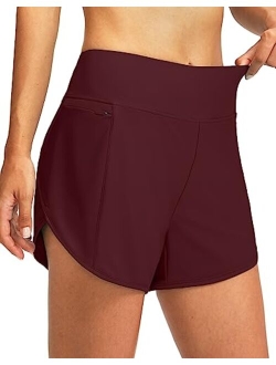 Pudolla Women's Swim Shorts with Zipper Pockets High Waisted Quick Dry Board Swimsuit Bathing Shorts for Women with Liner