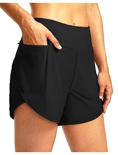 Pudolla Women's Swim Shorts with Zipper Pockets High Waisted Quick Dry Board Swimsuit Bathing Shorts for Women with Liner