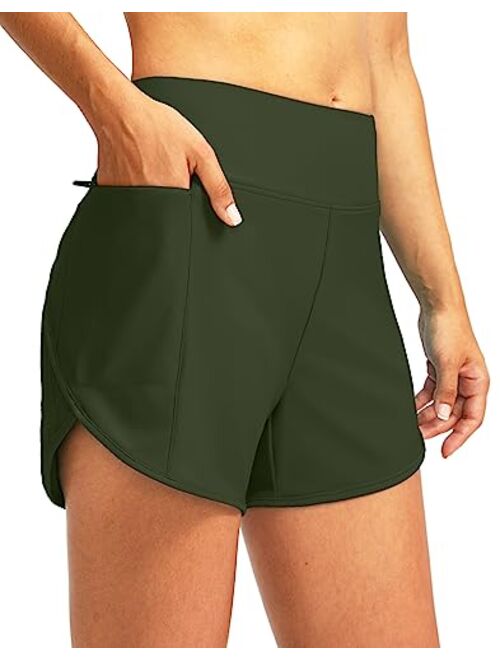 Pudolla Women's Swim Shorts with Zipper Pockets High Waisted Quick Dry Board Swimsuit Bathing Shorts for Women with Liner