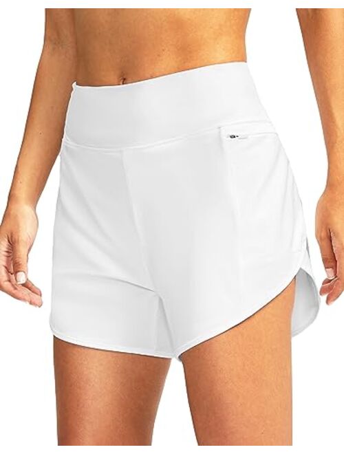 Pudolla Women's Swim Shorts with Zipper Pockets High Waisted Quick Dry Board Swimsuit Bathing Shorts for Women with Liner