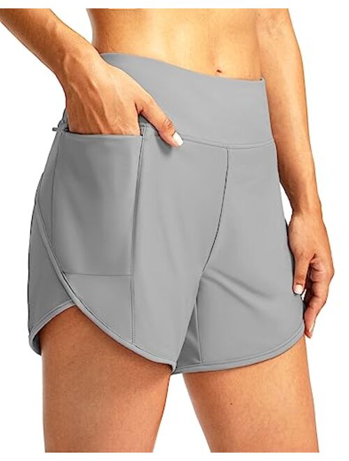 Pudolla Women's Swim Shorts with Zipper Pockets High Waisted Quick Dry Board Swimsuit Bathing Shorts for Women with Liner