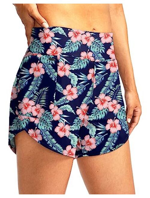 Pudolla Women's Swim Shorts with Zipper Pockets High Waisted Quick Dry Board Swimsuit Bathing Shorts for Women with Liner