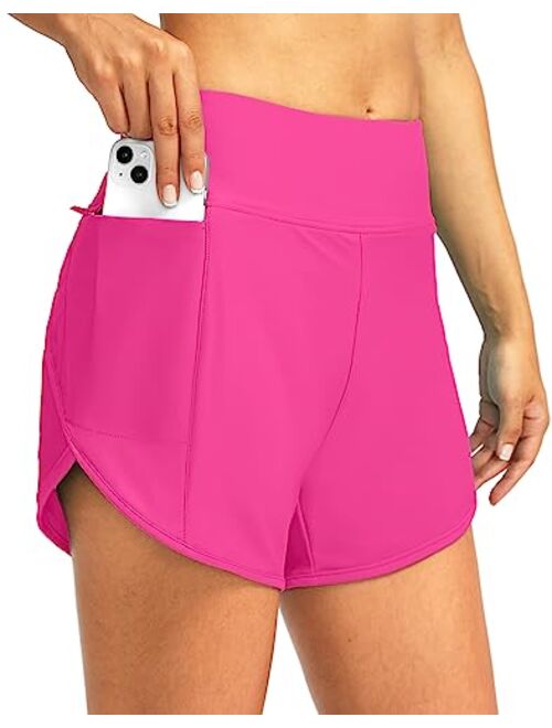 Pudolla Women's Swim Shorts with Zipper Pockets High Waisted Quick Dry Board Swimsuit Bathing Shorts for Women with Liner