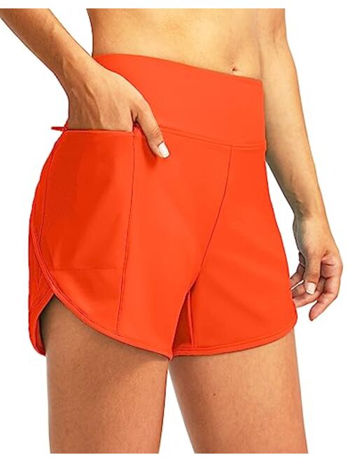 Pudolla Women's Swim Shorts with Zipper Pockets High Waisted Quick Dry Board Swimsuit Bathing Shorts for Women with Liner