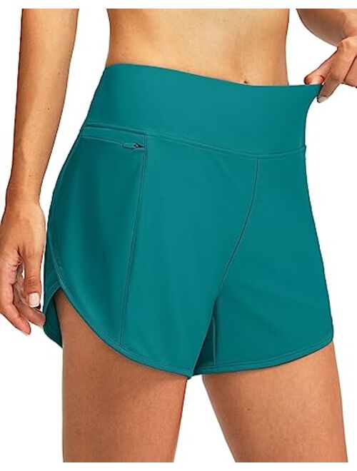 Pudolla Women's Swim Shorts with Zipper Pockets High Waisted Quick Dry Board Swimsuit Bathing Shorts for Women with Liner